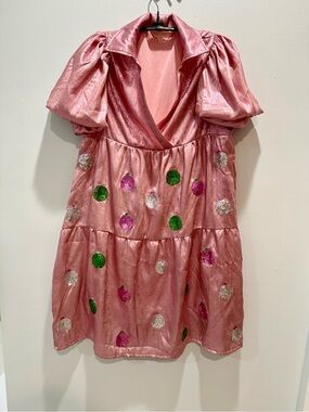 Simply Southern Pink Metallic Christmas Ornament Sequin Dress Size Small